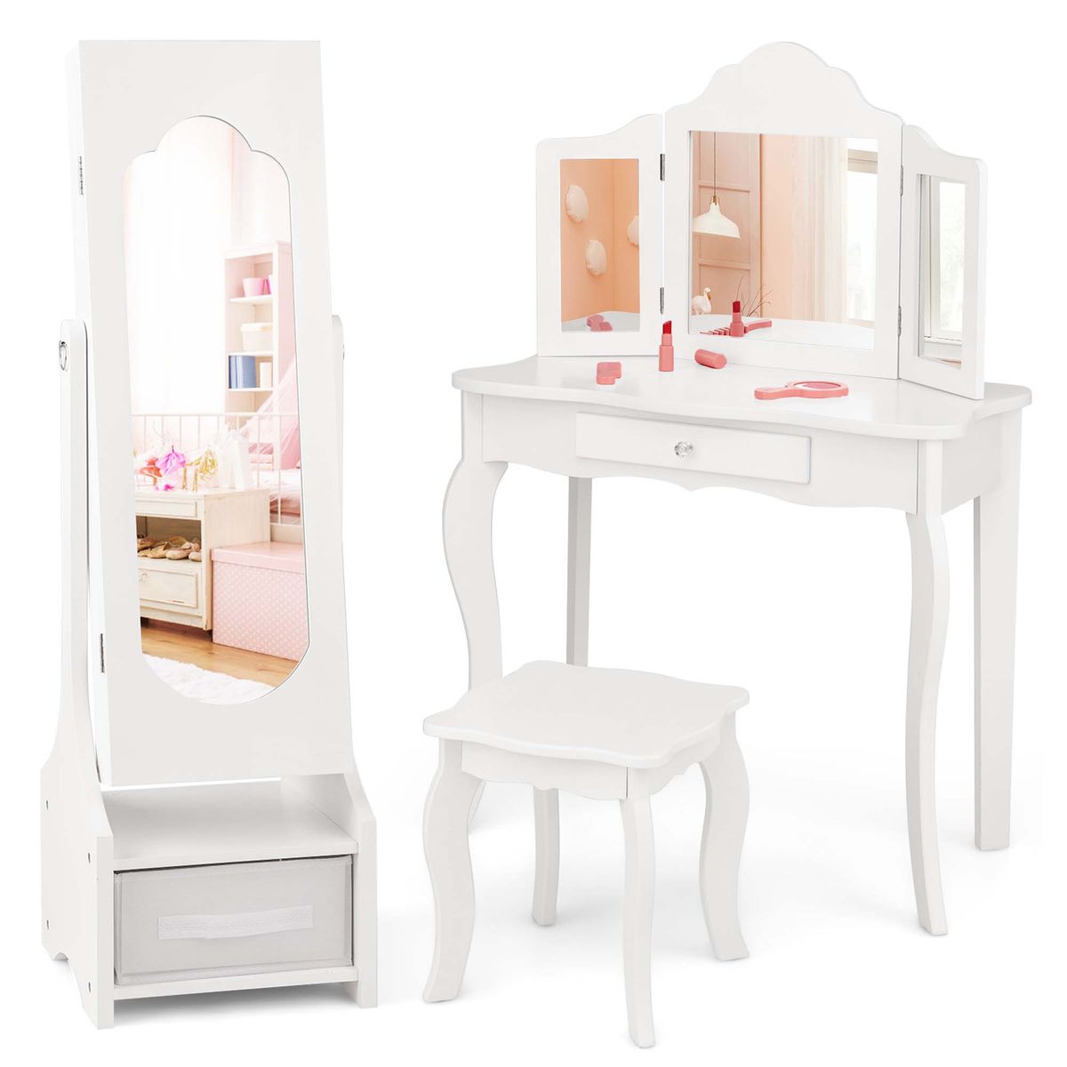 Princess Makeup Dressing Table and Chair Kids Vanity Set - Kids Vanity Set-White