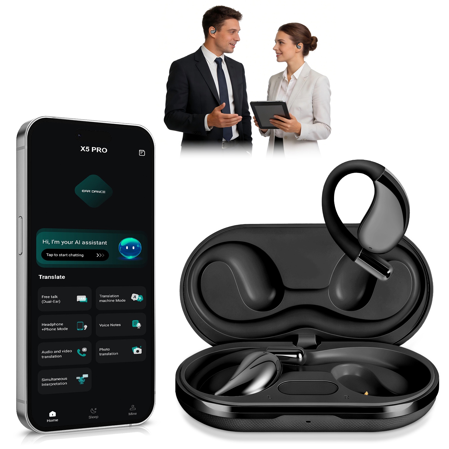 Wireless Open-Ear AI Translation Earbuds - Black