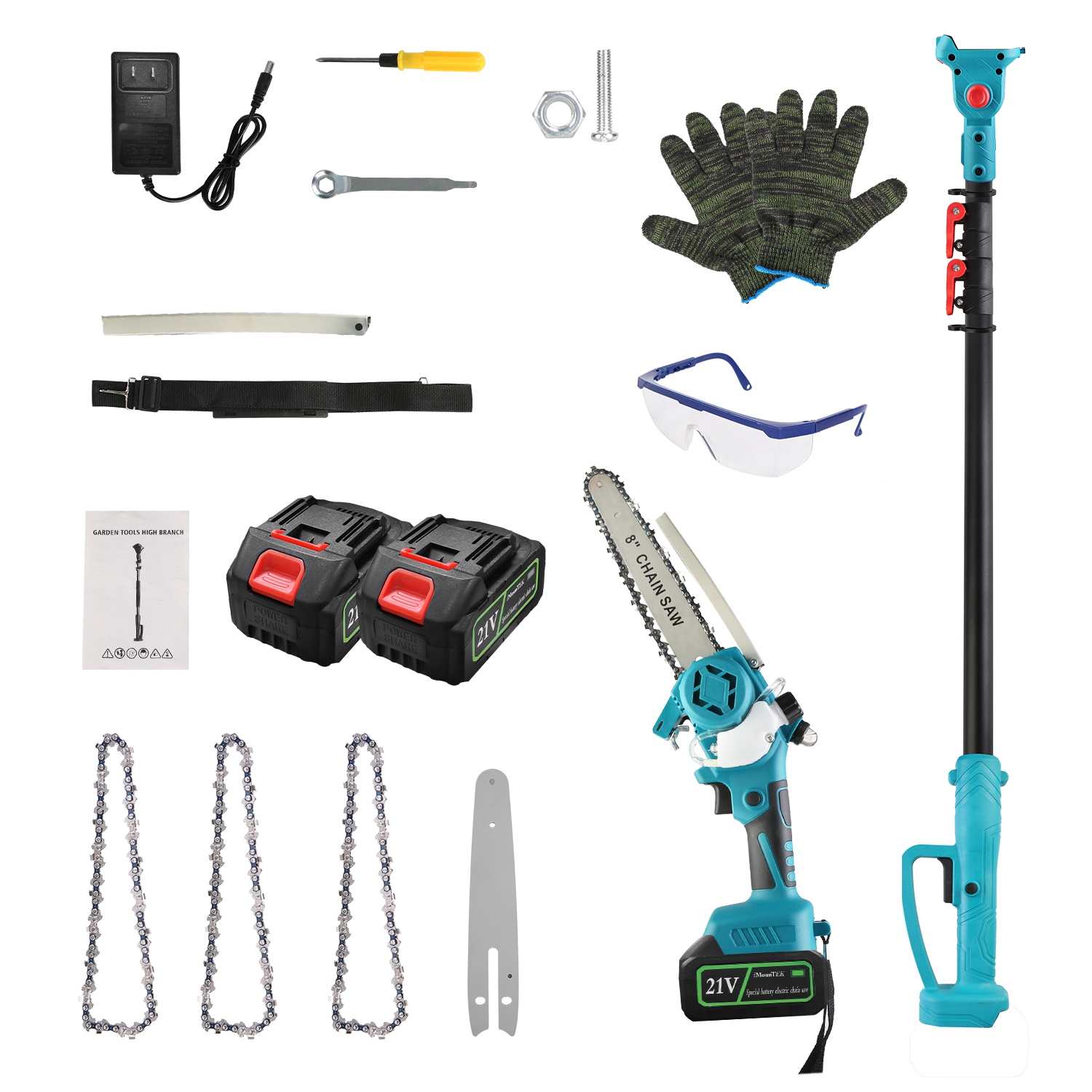 2-in-1 Cordless Pole Saw & Chainsaw - 21V 3000mAh Battery(10Cells)