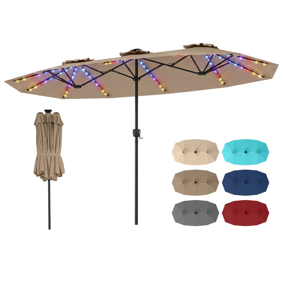 Double-Sided Patio Umbrella with Solar Lights - 7.6 ft H-Brown
