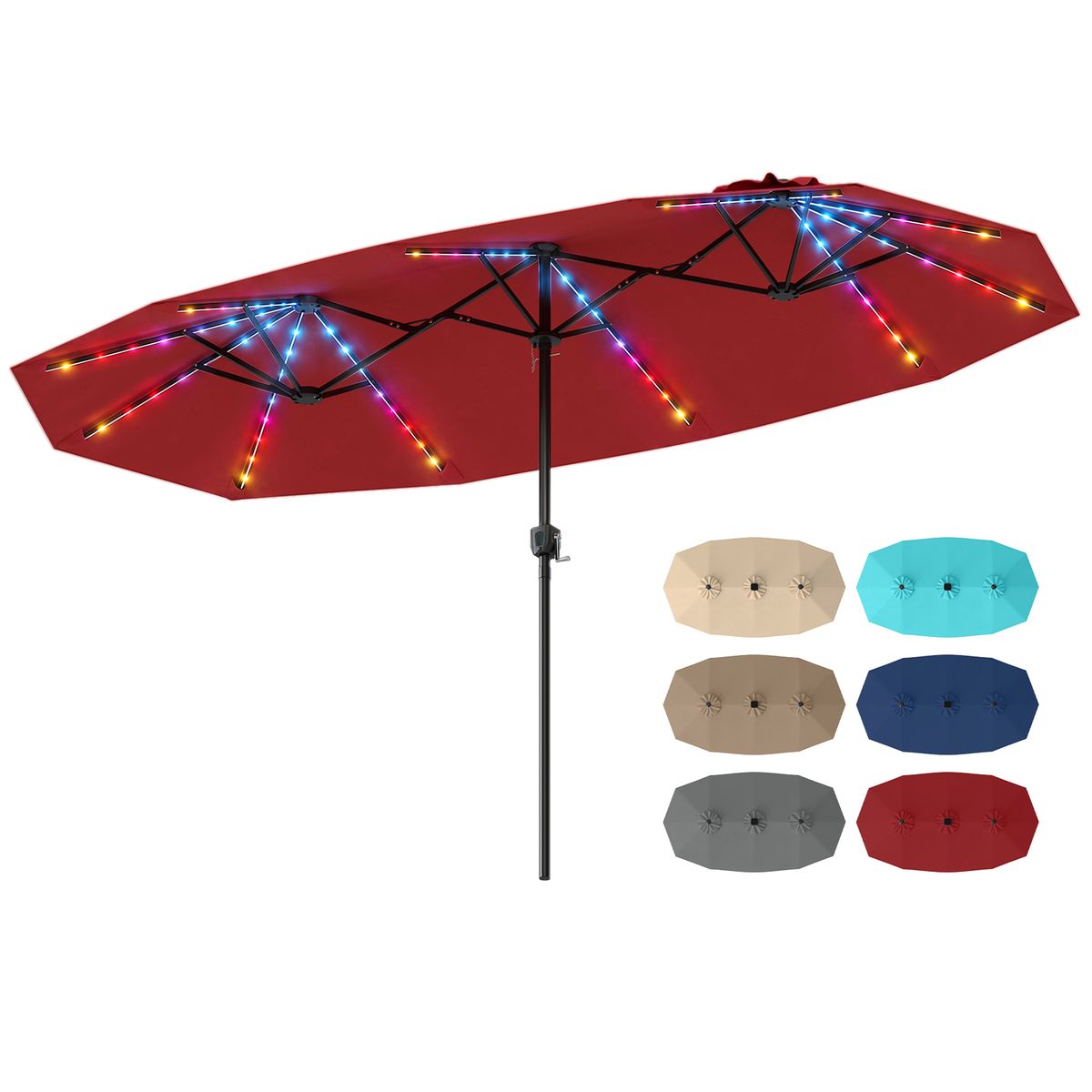 Double-Sided Patio Umbrella with Solar Lights - 7.6 ft H-Red
