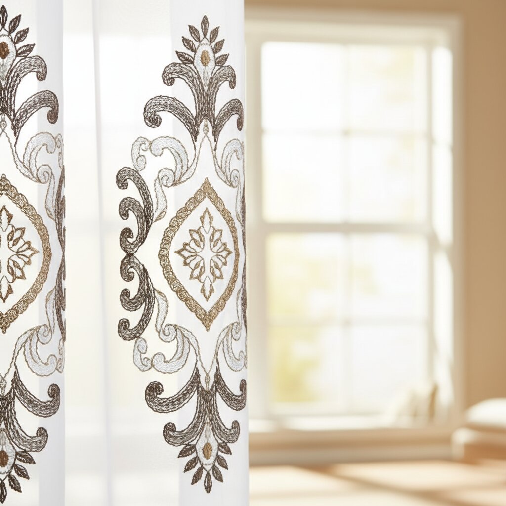 Embroidered Curtain Set - White