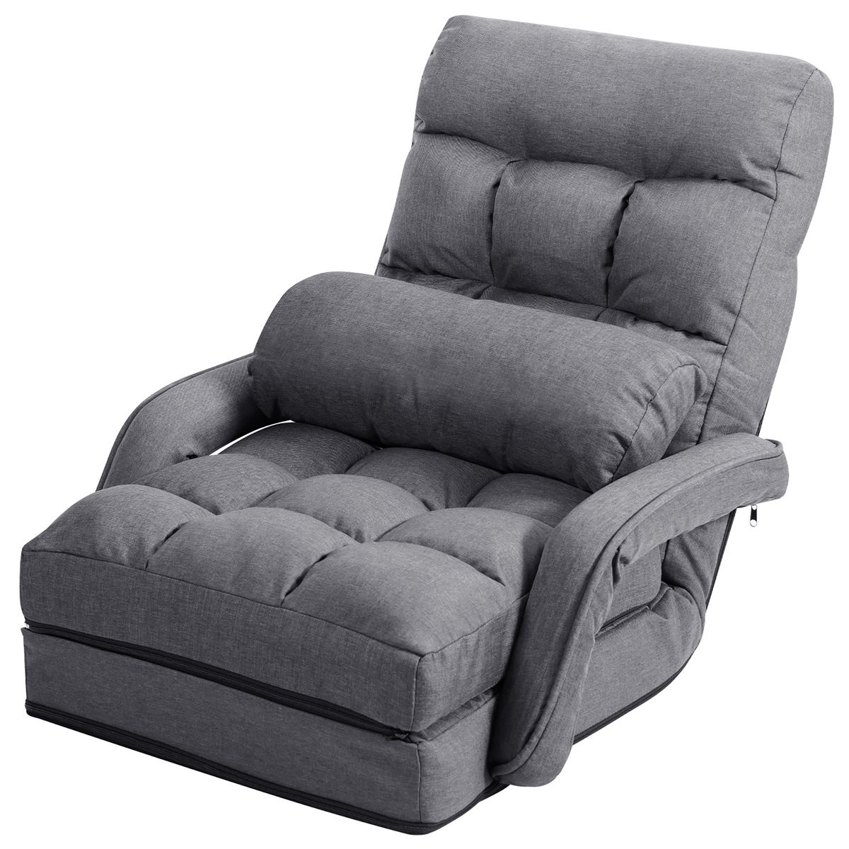 Folding Floor Armchair with Adjustable Back and Lumbar Pillow - Grey
