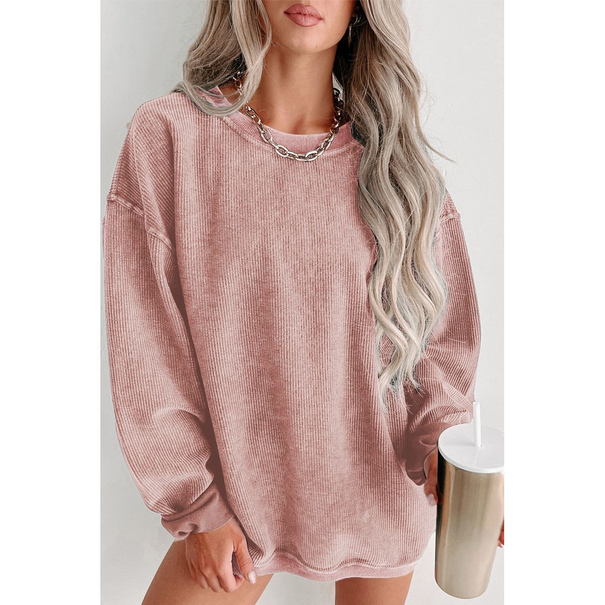 Faith Solid Ribbed Knit Round Neck Pullover Sweatshirt - Pink / S / 100%Polyester