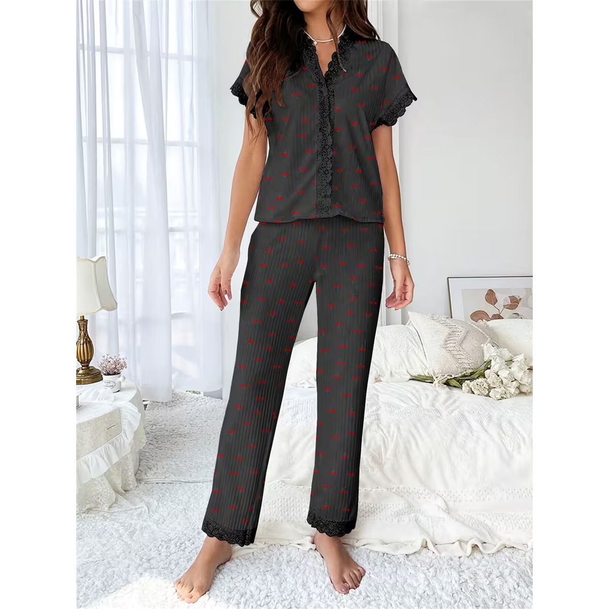 Women&rsquo;s Cherry Print Ribbed Lace Pajama Set - Medium