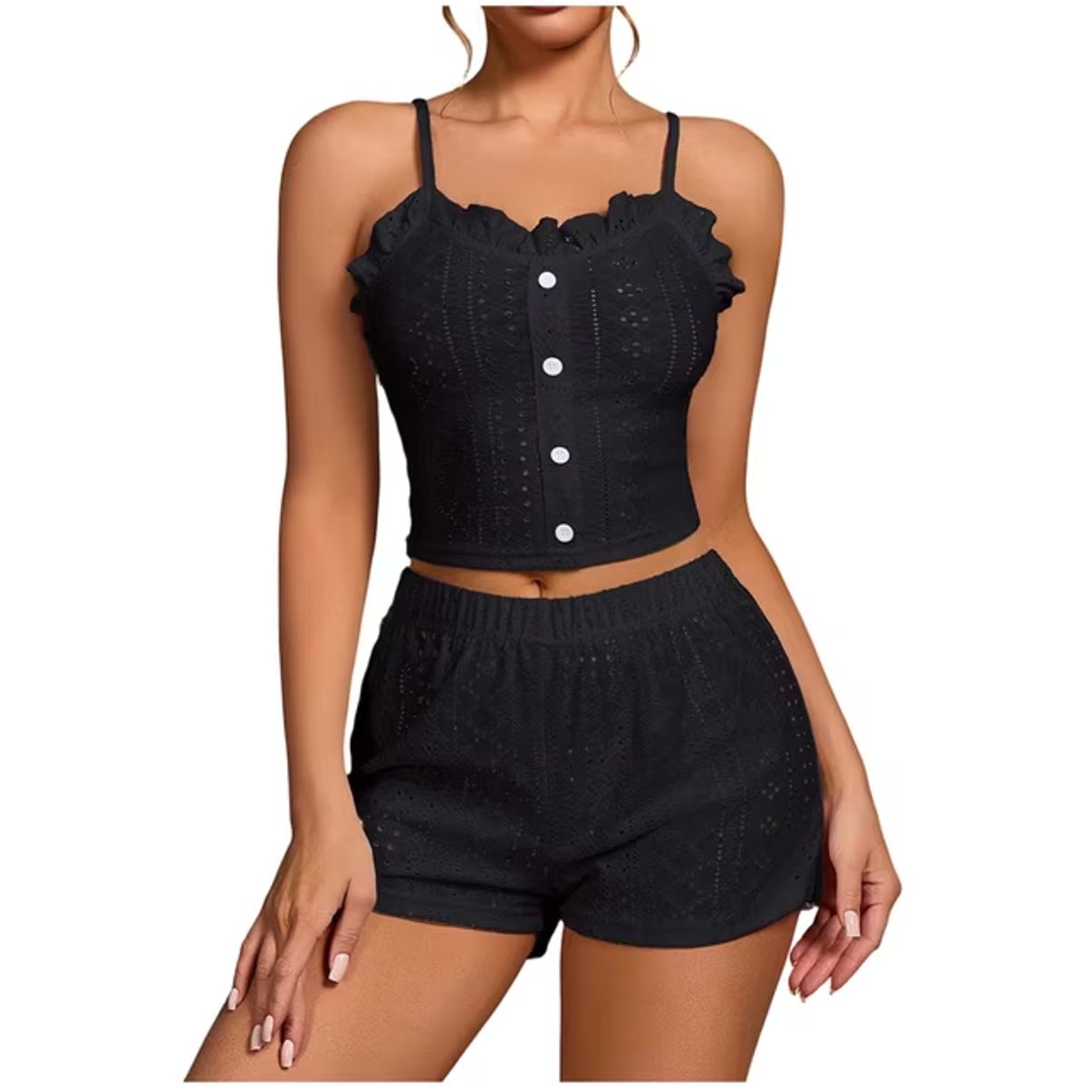 Women&rsquo;s Eyelet Ruffle Pajama Set - Black-L