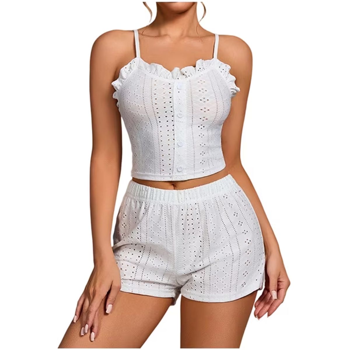 Women&rsquo;s Eyelet Ruffle Pajama Set - White-XL
