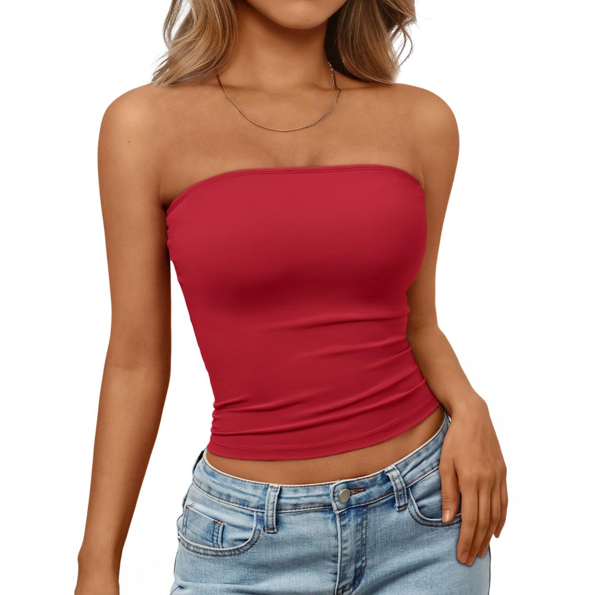 Women&rsquo;s Solid Fitted Tube Top - Red-L