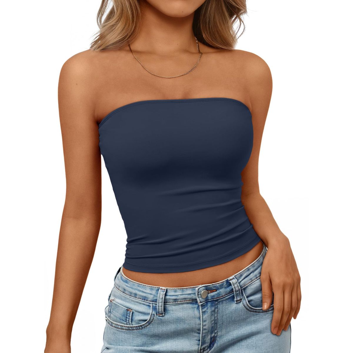 Women&rsquo;s Solid Fitted Tube Top - Navy Blue-M