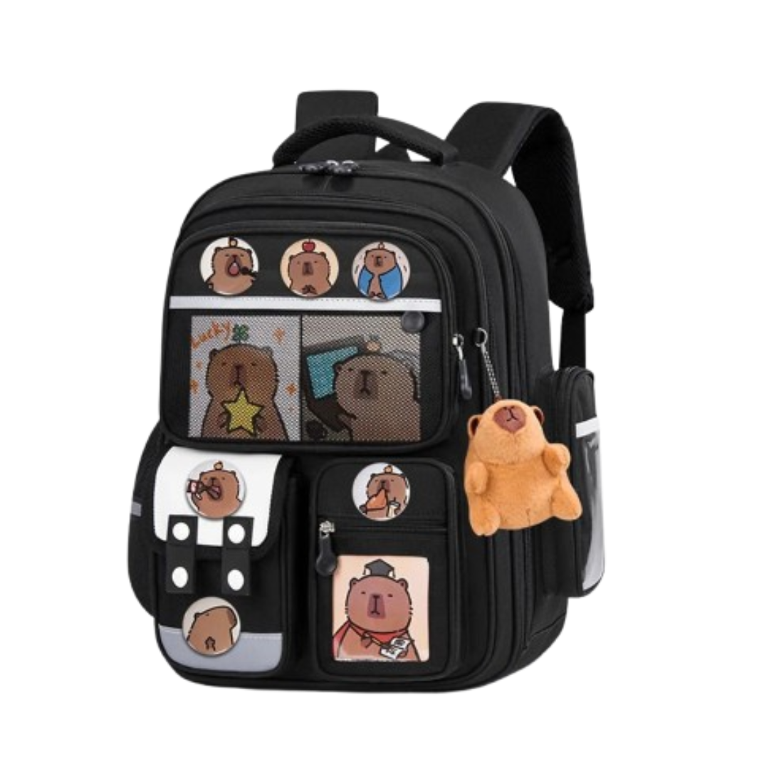 Cute Capybara School Backpack - Black-L
