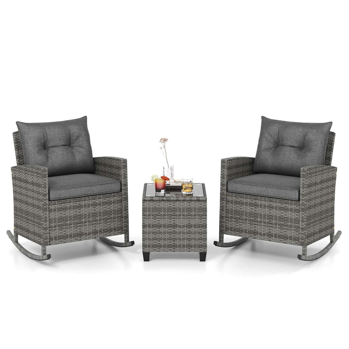 3-Piece Patio Rattan Rocking Chair Set with Tempered Glass Table & Soft Cushions - Rocking Set Grey Rattan -Gray
