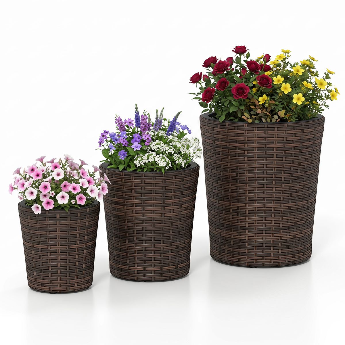 Tapered Rattan Planters (Set of 3) - Round - Brown