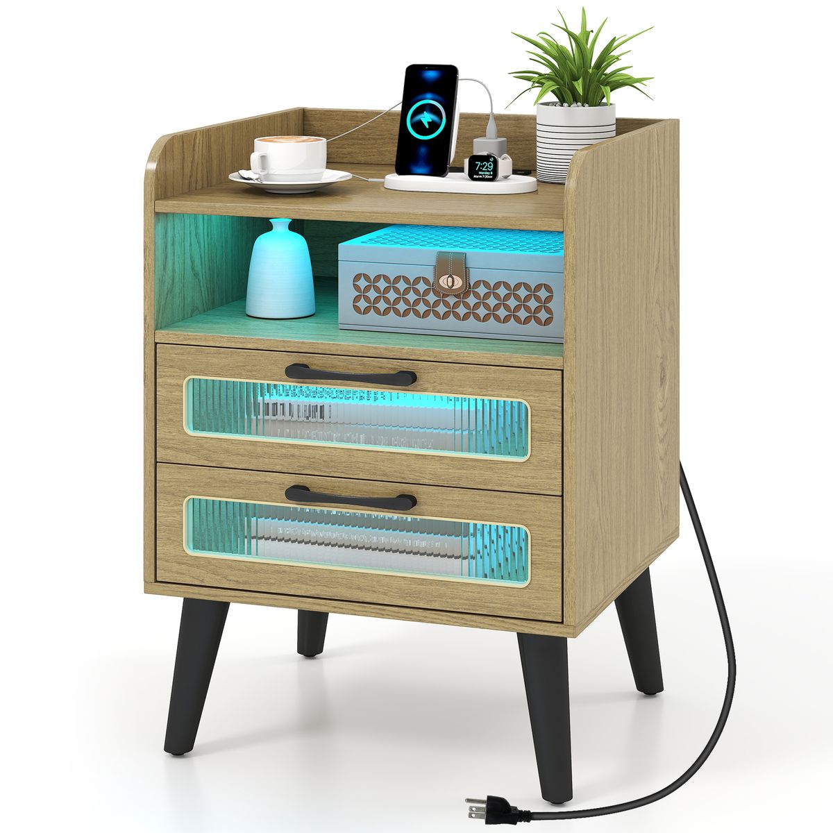 LED Nightstand with Charging Station (1- or 2-Pack) - Natural-1PCS