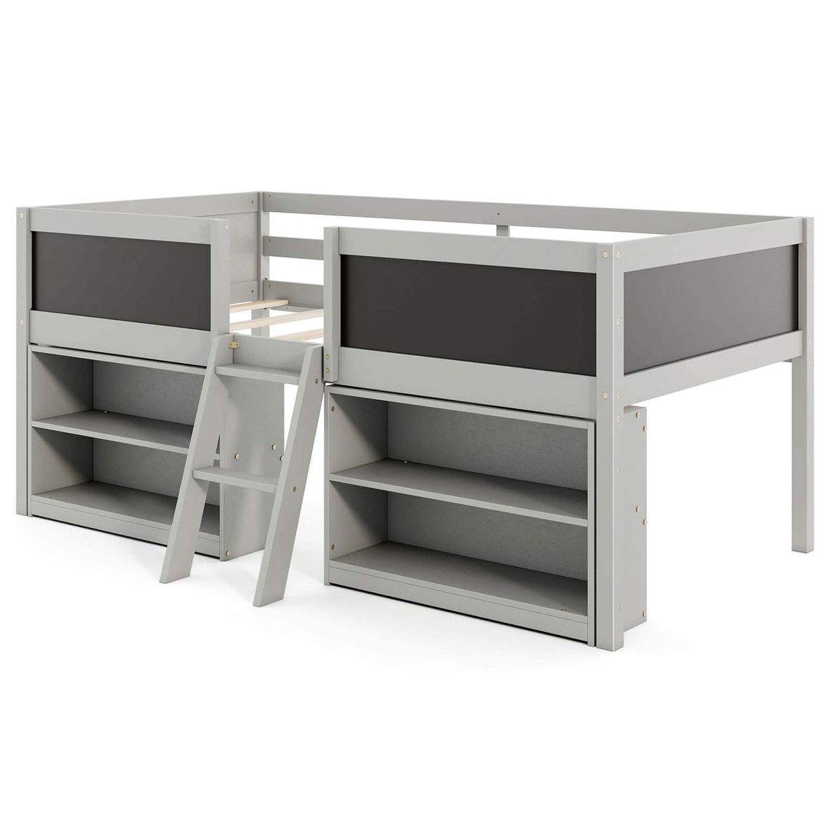 Twin Size Low Loft Bed with Ramp Ladder and Bookcases - Low Loft Bed -Gray