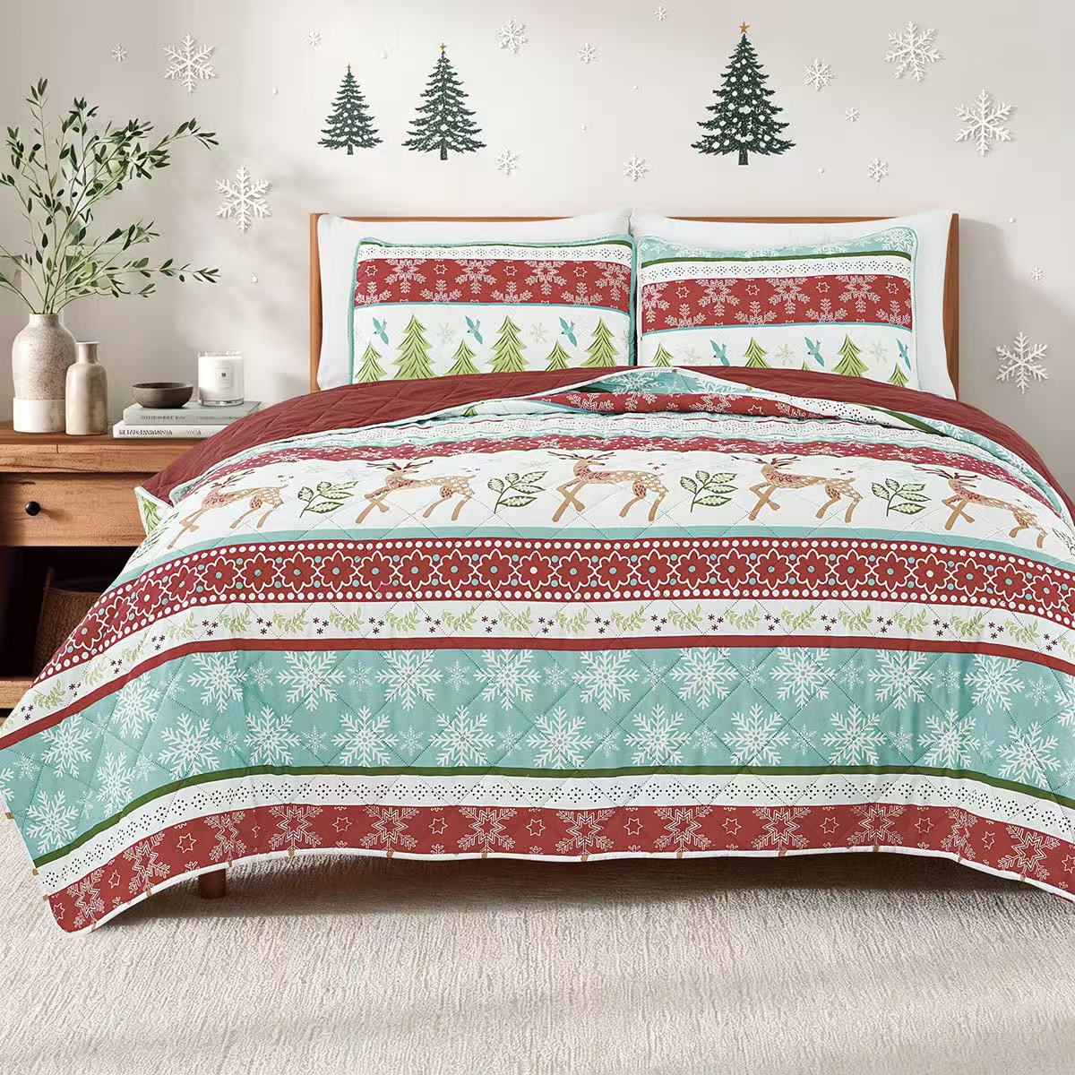 Dan River 3-Piece Christmas Print Pinsonic Quilt Set - Twin - Nordic Holiday Stripe