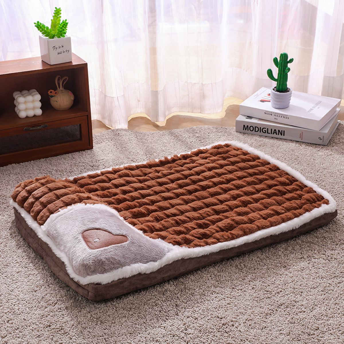 Soft Plush Pet Bed Mat with Sponge Filling - Brown-M