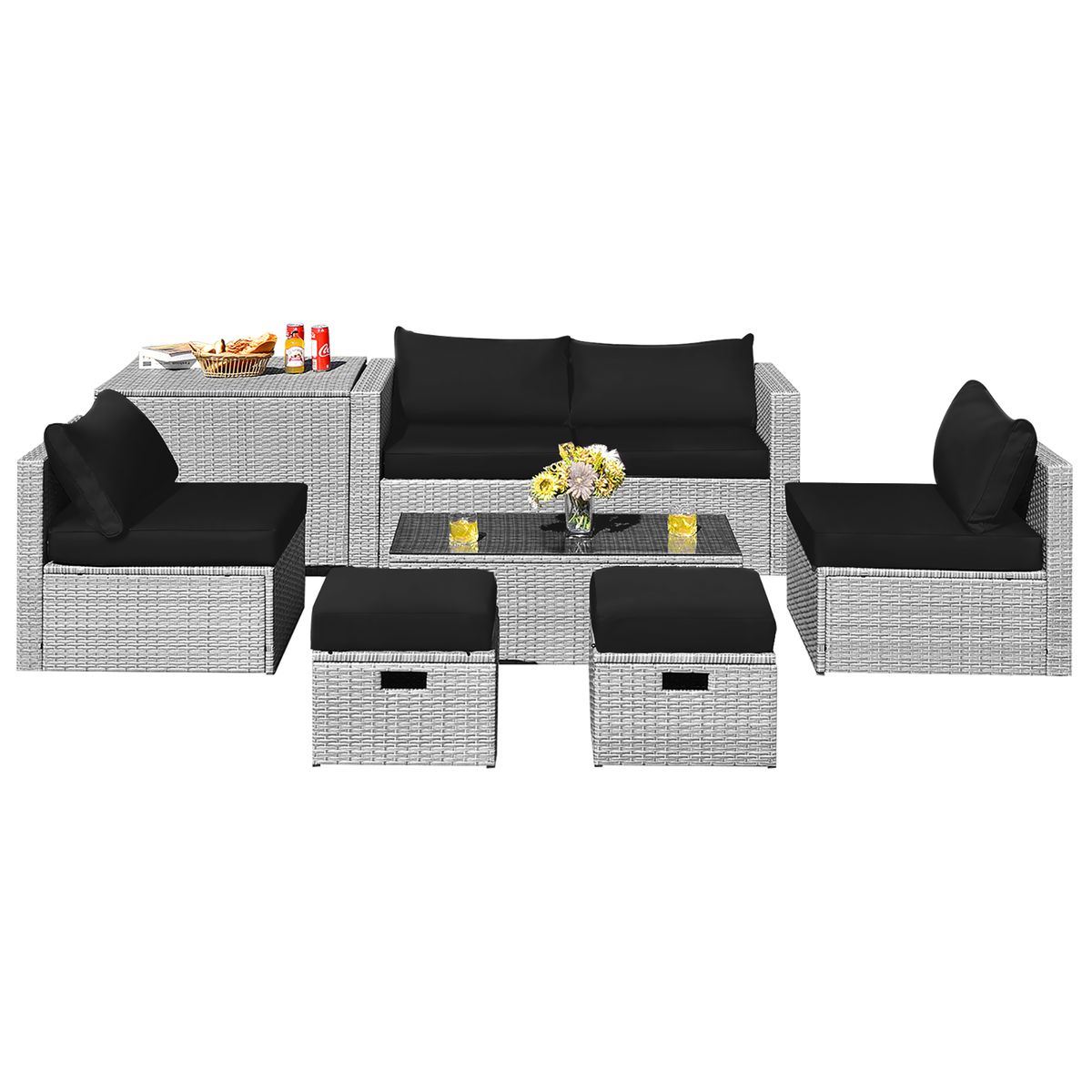 8-Piece Patio Rattan Furniture Set with Soft Cushions - Black