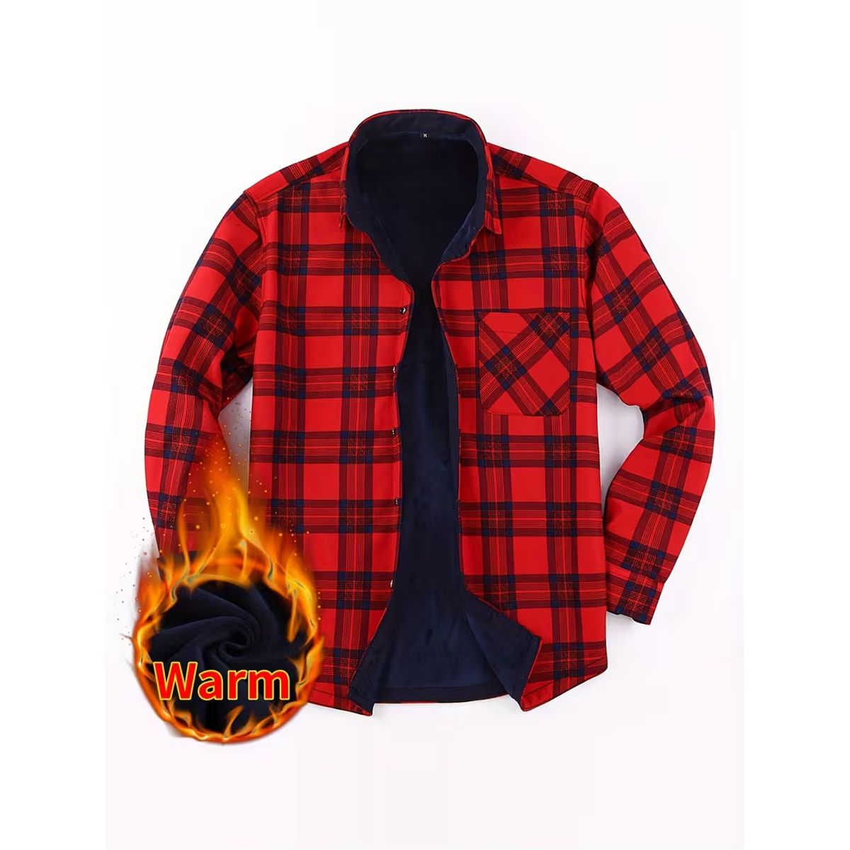 Men's Fleece Lined Plaid Shirt Jacket - Red Plaid-L