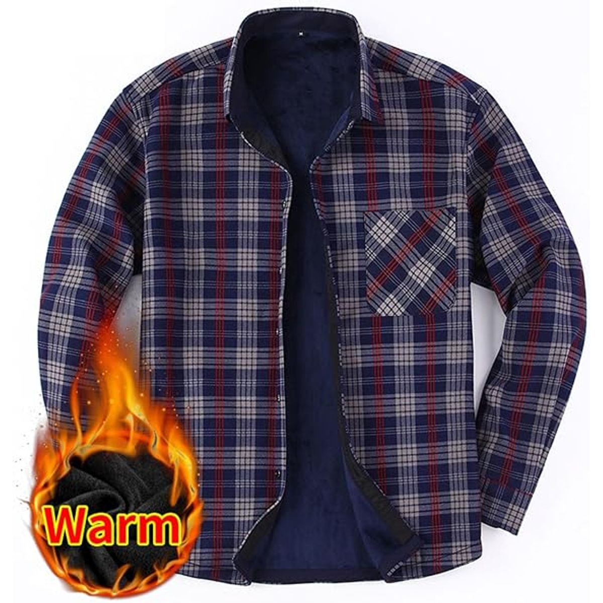 Men's Fleece Lined Plaid Shirt Jacket - Navy Red Plaid-M