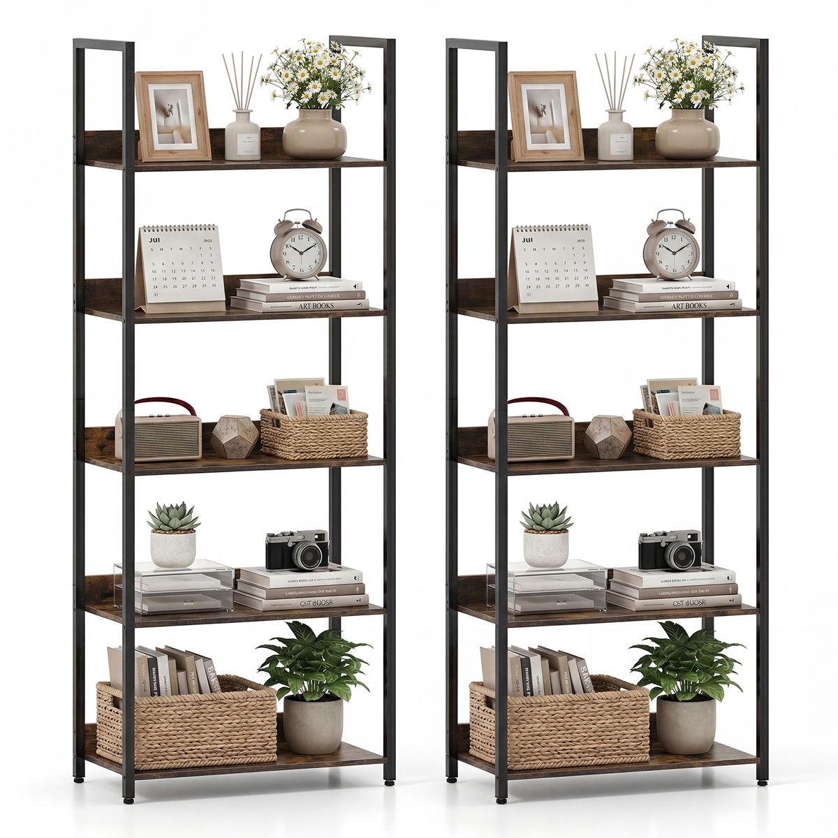 Costway - 2Pcs 5-Tier Bookshelf, Tall Wooden Open Bookcase with Back Panels & Metal Frame - Rustic Brown + Black