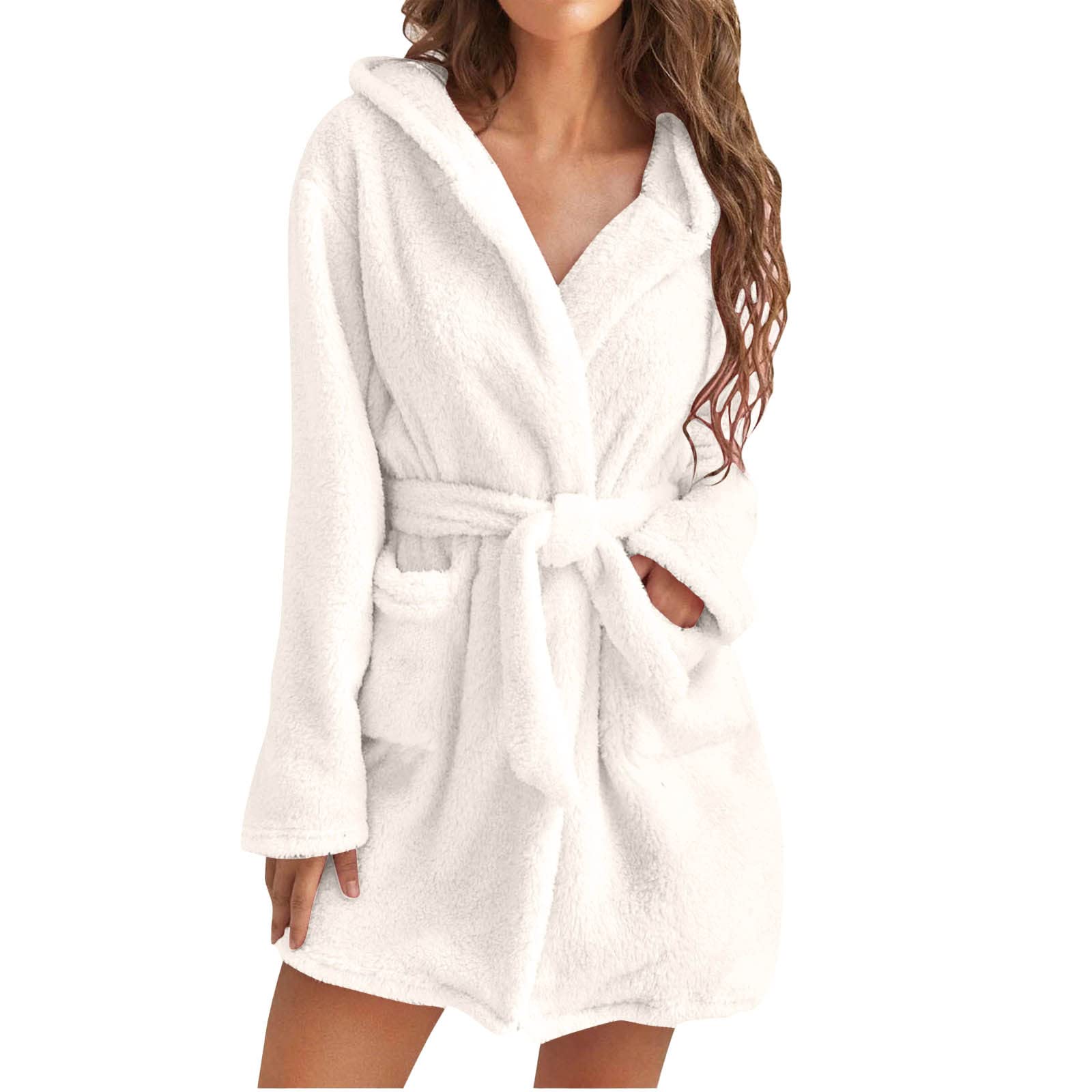Women's Plush Fleece Robe - White-M