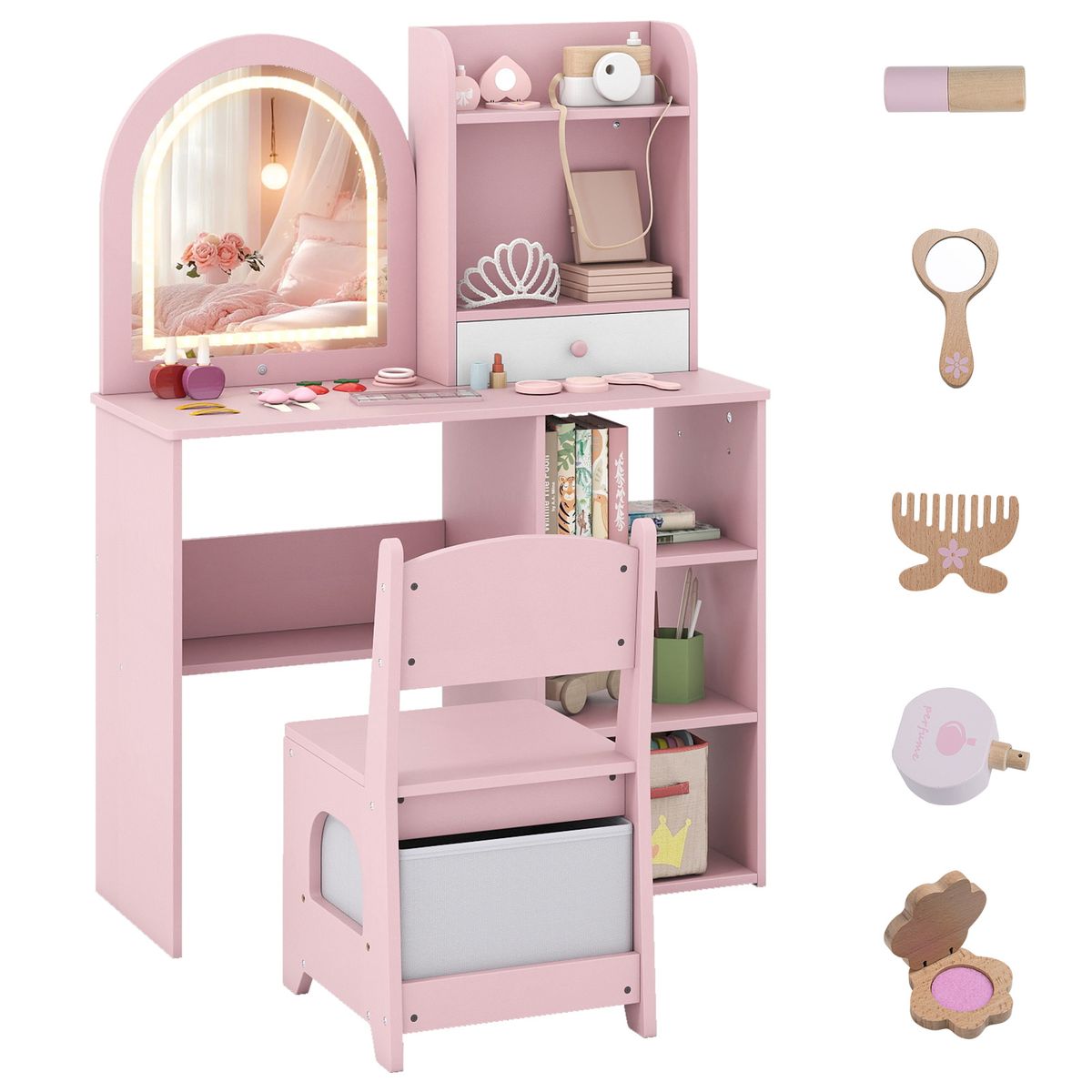 Princess Girls Makeup Vanity Desk with 3-Color LED Lighted Mirror - Vanity Set-Pink