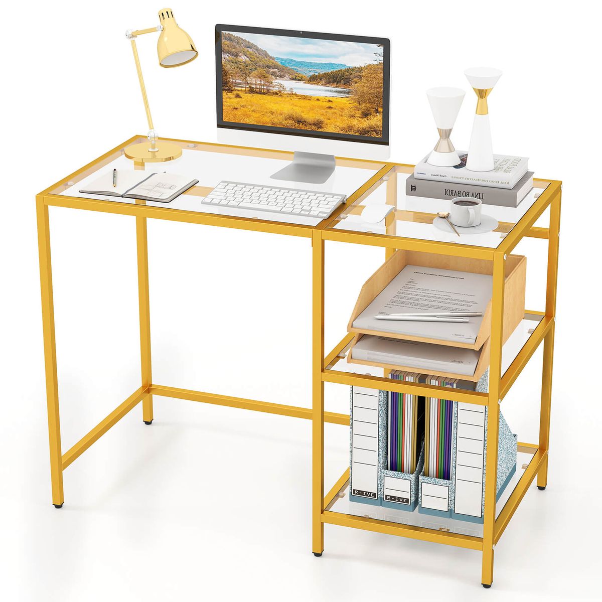 42" Computer Desk with 2 Open Shelves and Tempered Glasss - Desk-Gold