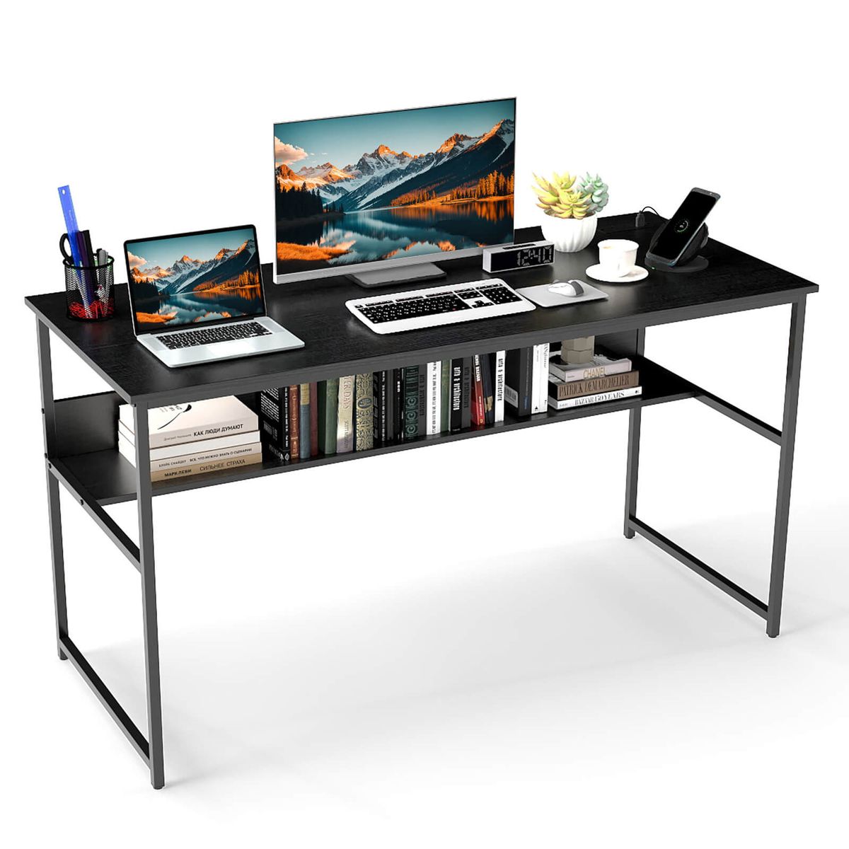 55" x 24" Computer Desk with Power Outlets & USB Ports - Desk-Black