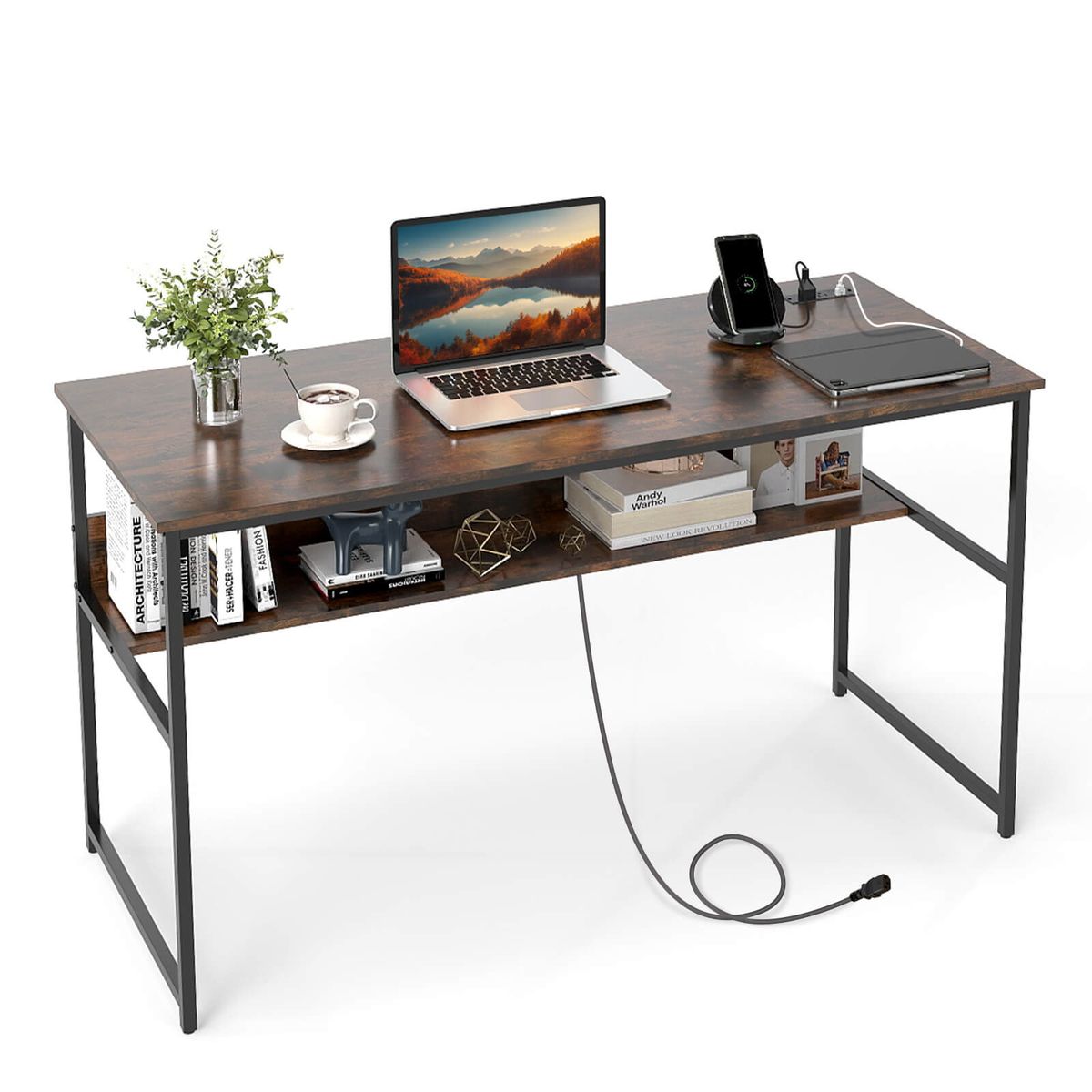 55" x 24" Computer Desk with Power Outlets & USB Ports - Desk-Brown