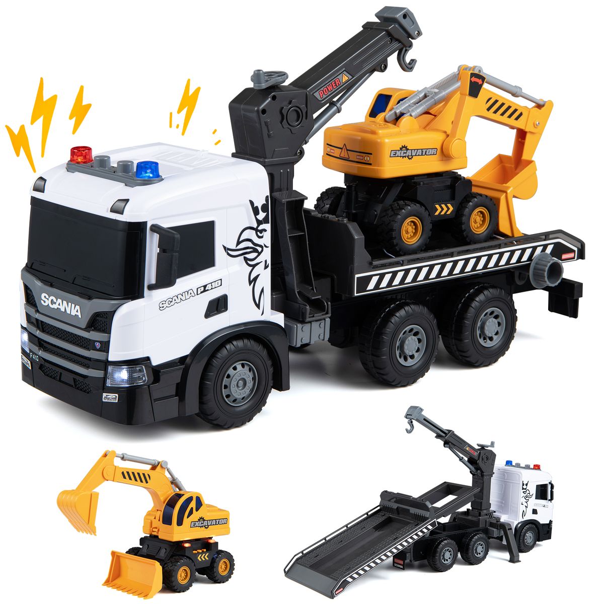 Costway Licensed Scania Construction Truck Set with Lights and Sounds, 2-Piece Set - White