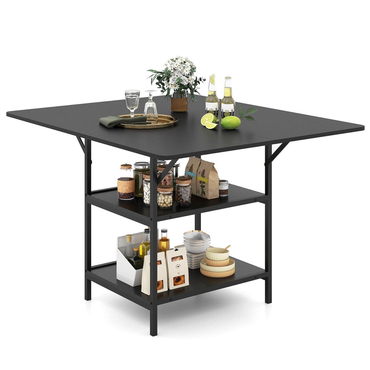 47” Rectangular Dining Table for 4-6People with 2-Layer Storage - Table-Black
