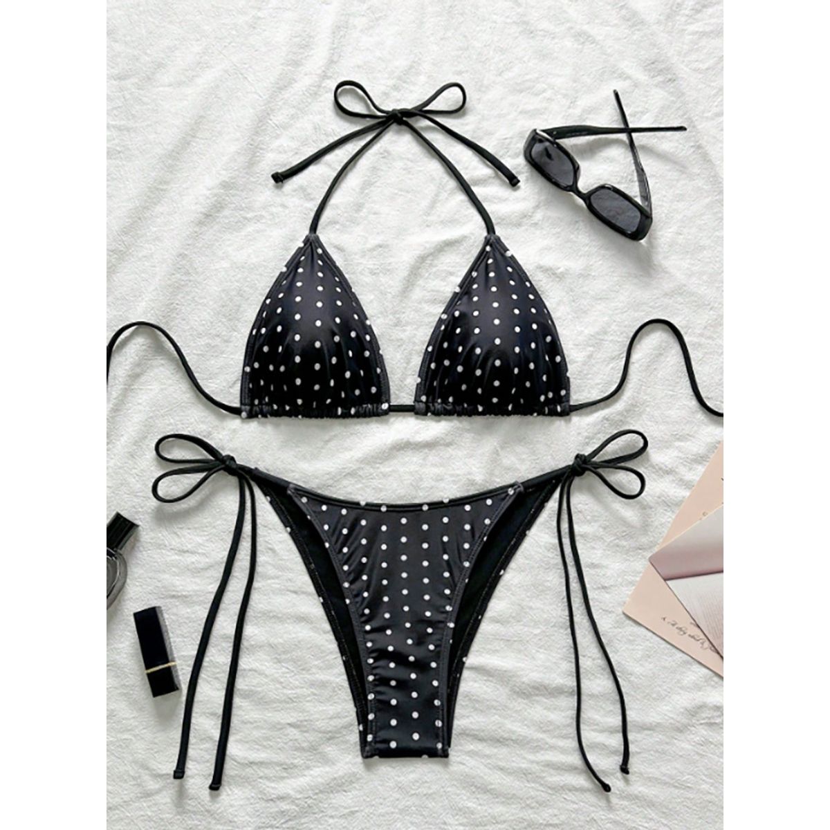 Halter Tie Triangle Cup Bikini Set - Black-S