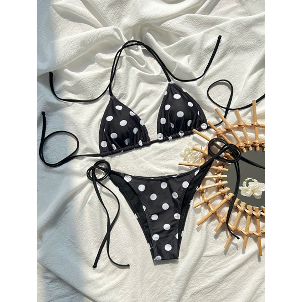Halter Tie Triangle Cup Bikini Set - Black Polka Dot-XS