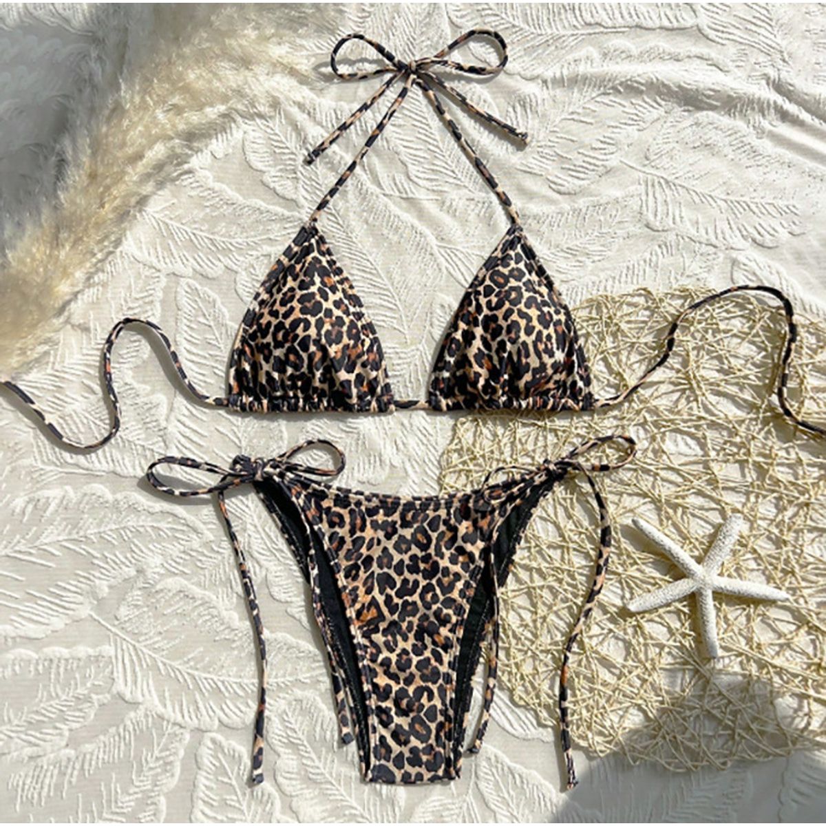 Halter Tie Triangle Cup Bikini Set - Leopard Print-XS
