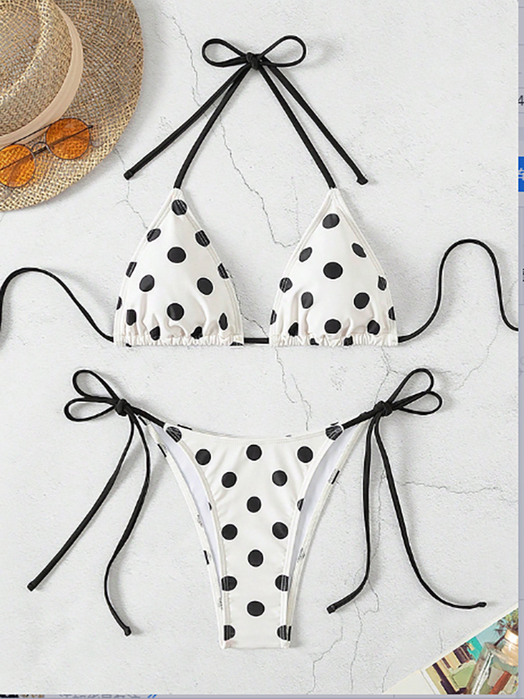 Halter Tie Triangle Cup Bikini Set - White Polka Dot-XS