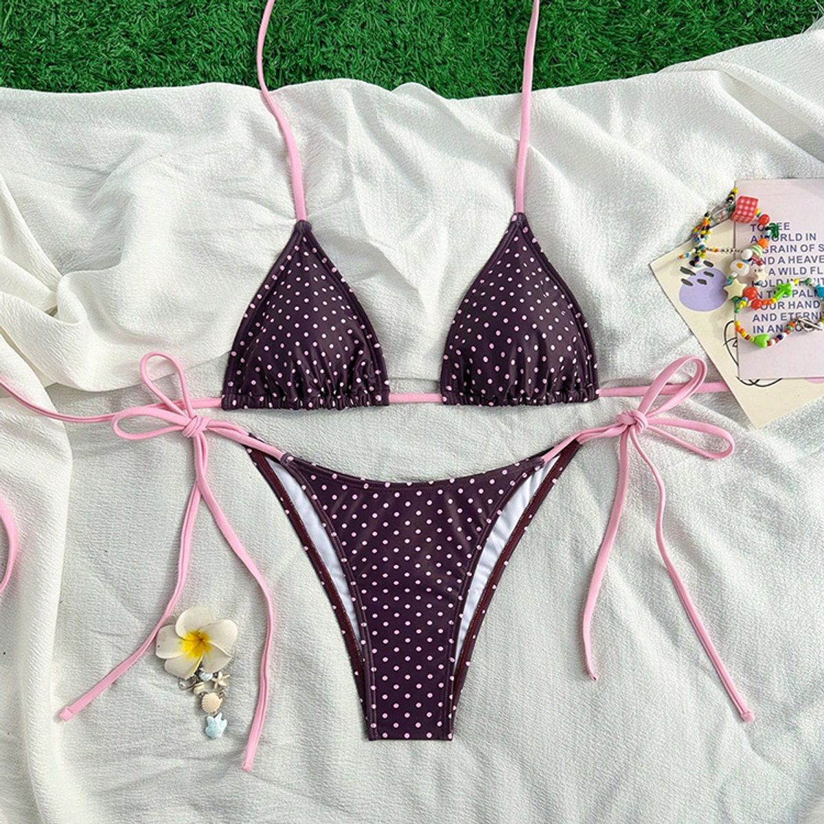 Halter Tie Triangle Cup Bikini Set - Coffee with Pink Polka Dots-S