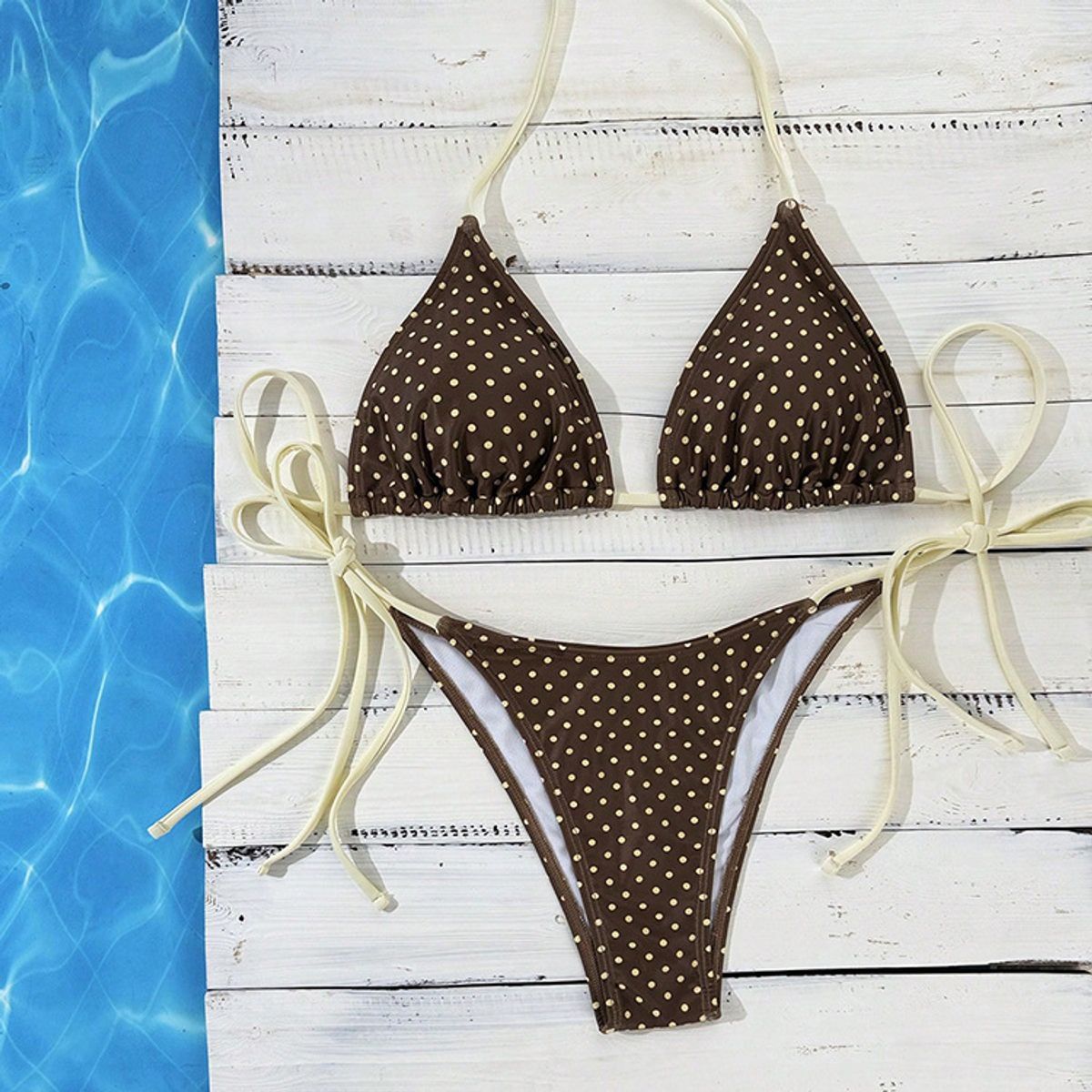 Halter Tie Triangle Cup Bikini Set - Coffee with Yellow Polka Dots-L