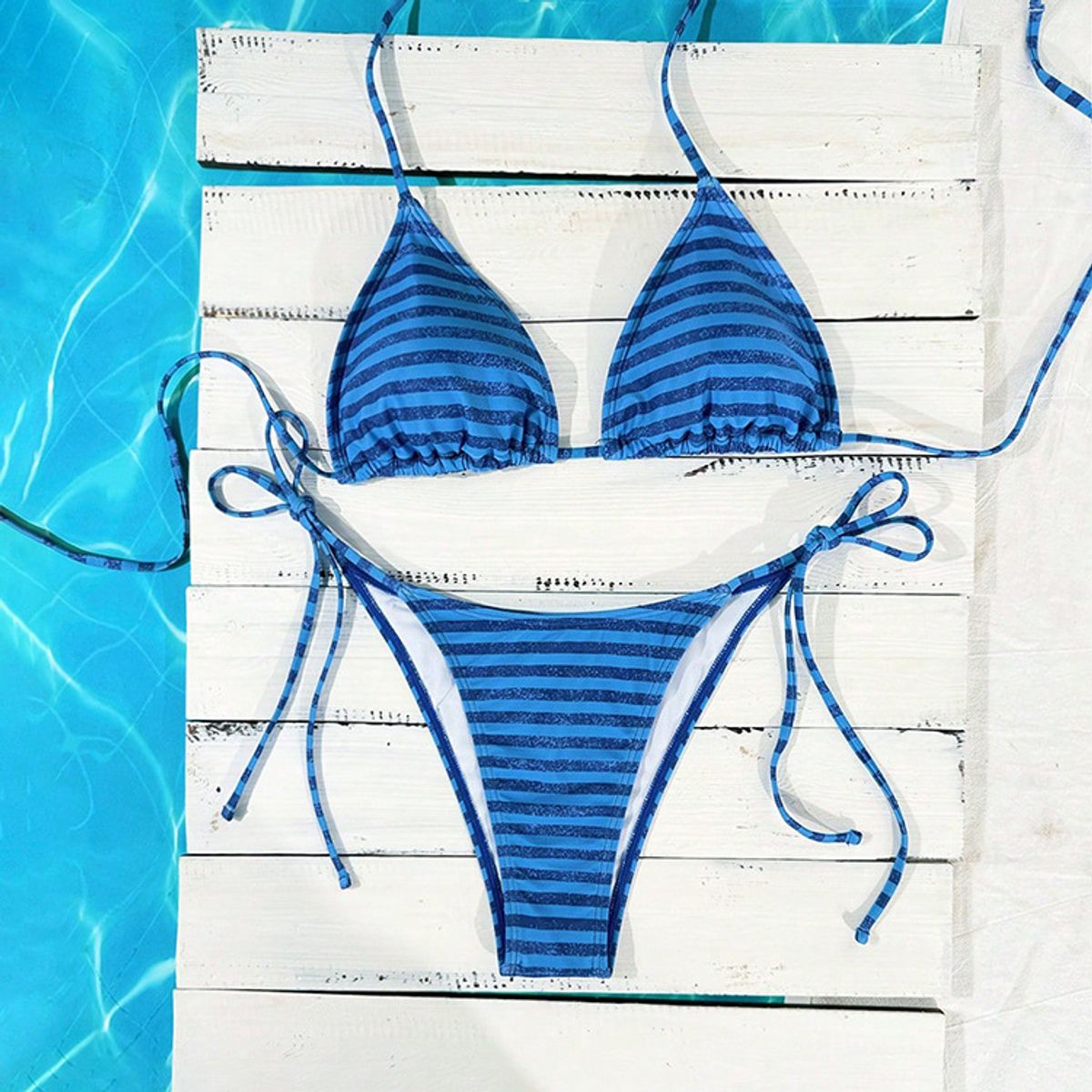 Halter Tie Triangle Cup Bikini Set - Blue Striped-S