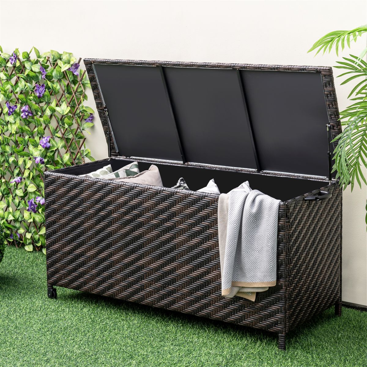 Tightly-Woven Rattan Deck Box with Polyester Liner and Universal Wheels - Deck Box-Brown