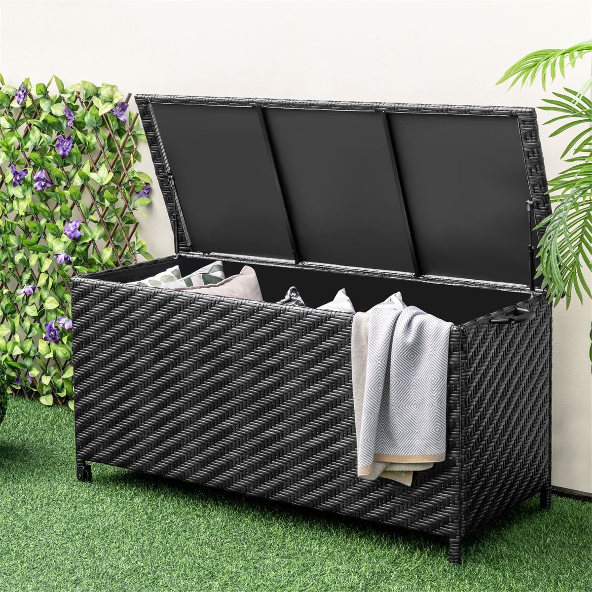 Tightly-Woven Rattan Deck Box with Polyester Liner and Universal Wheels - Deck Box-Black