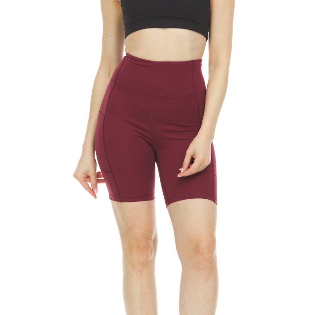 Women's High Waist Tummy Control Yoga Bike Shorts - Large - Burgundy