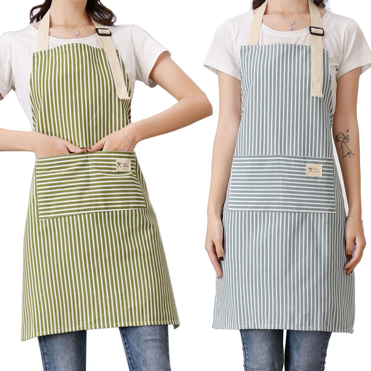2-Pack Adjustable Striped Kitchen Aprons - Green and Light Blue