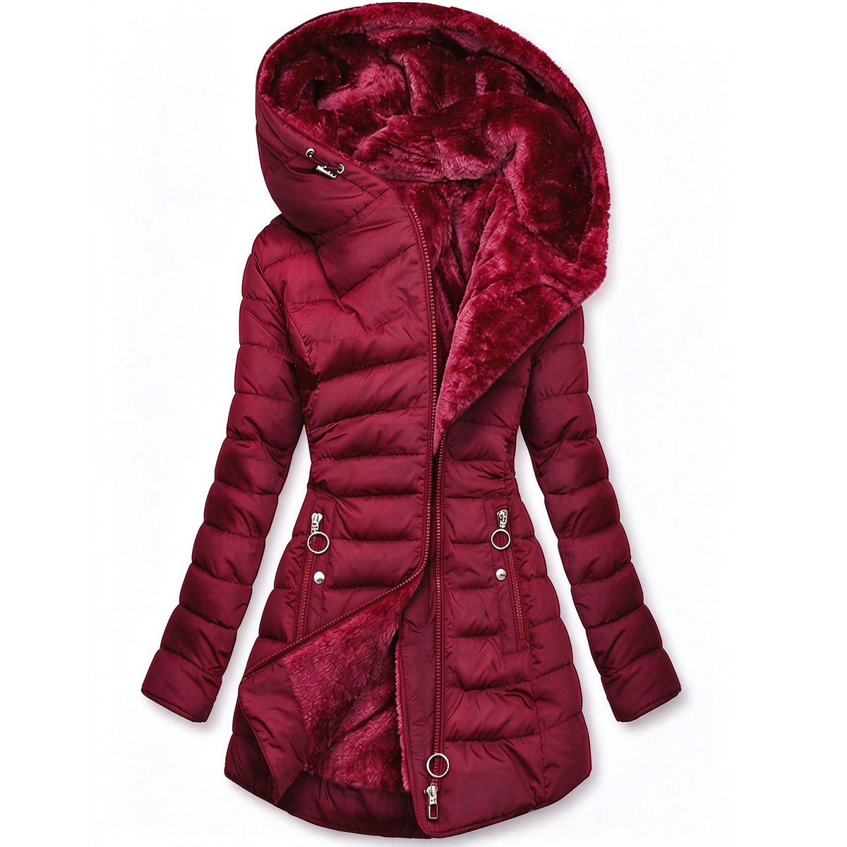 Women's Fleece Lined Hooded Puffer Coat - Red-L
