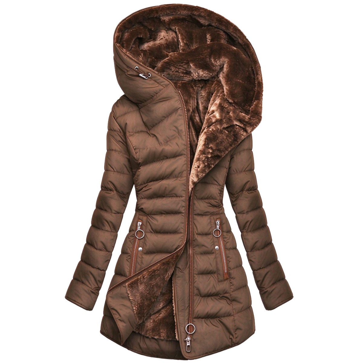 Women's Fleece Lined Hooded Puffer Coat - Coffee-L