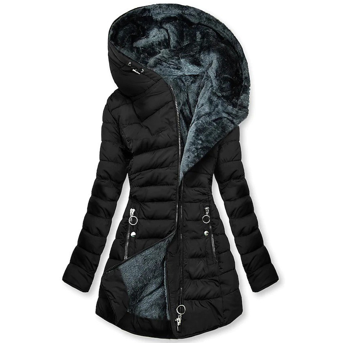 Women's Fleece Lined Hooded Puffer Coat - Black-M