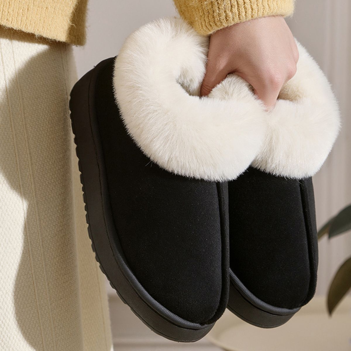 Women's Fuzzy Closed Back Slippers - Black-40-41
