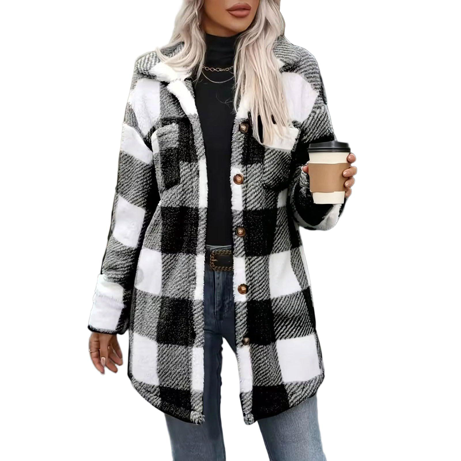 Women's Buffalo Plaid Shacket - Black-XL