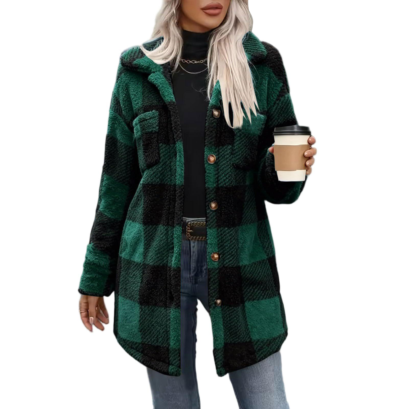 Women's Buffalo Plaid Shacket - Dark Green-XXL