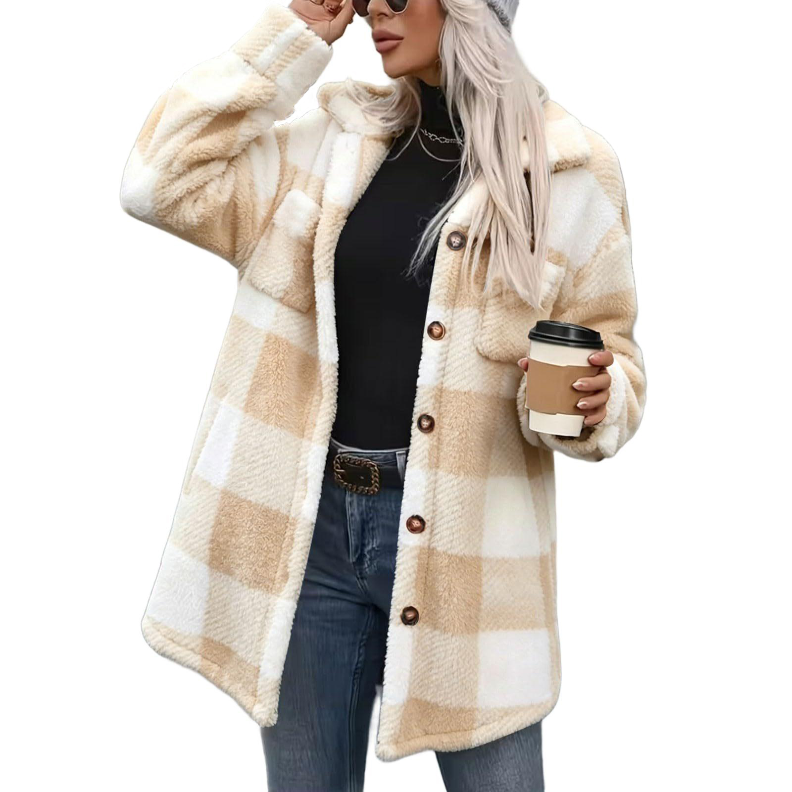 Women's Buffalo Plaid Shacket - Beige-XL