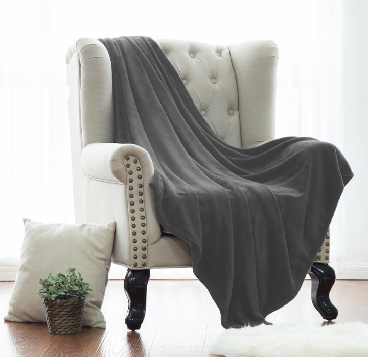 Kathy Ireland® Solid Plush Flannel Blanket - Throw - Charcoal